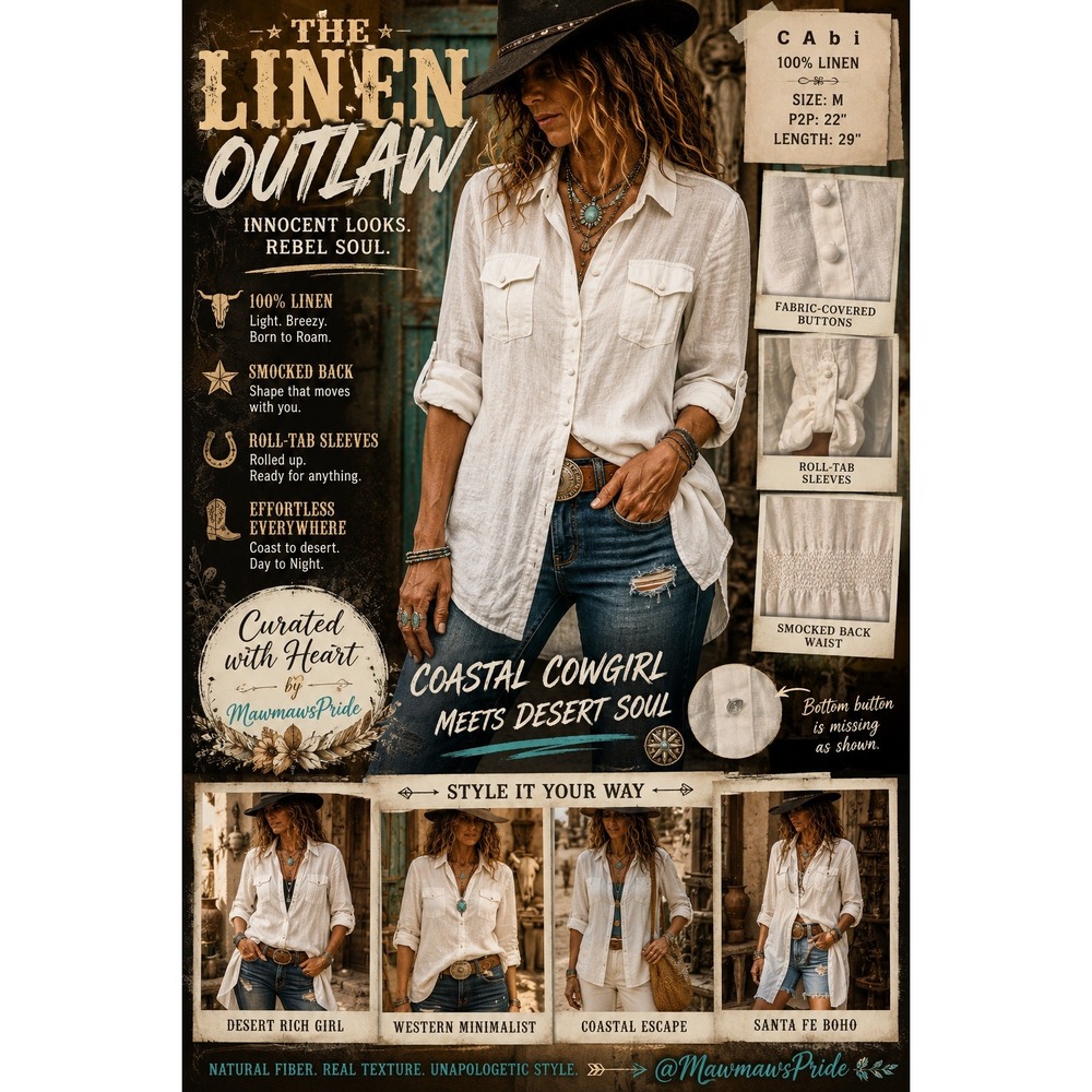 Vintage Cabi Linen Outlaw White Button Down Shirt Smocked Back Roll Sleeve M